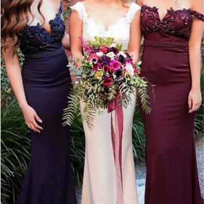 Charming stunning bridesmaid dress, burgundy pink navy bridesmaid dress, off shoulder sweep train mermaid bridesmaid dress with beading, bd143514