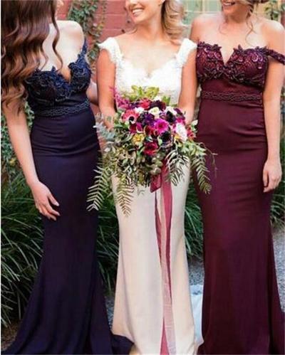 Charming Stunning Bridesmaid Dress, Burgundy pink navy Bridesmaid Dress, Off Shoulder Sweep Train Mermaid Bridesmaid Dress with Beading, BD143514