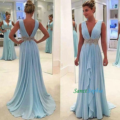 V-neckline sky blue prom dress,v-back party dress,sky blue graduation dresses