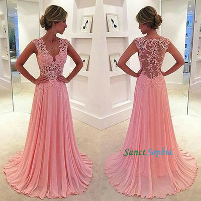 Illusion coral lace prom dress,v-neckline lace graduation dresses