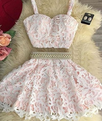 Charming 2 pieces pink lace short prom dress,homecoming dresses,graduation dress