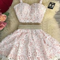 Charming 2 pieces pink lace short prom dress,homecoming dresses,graduation dress - Thumbnail 1