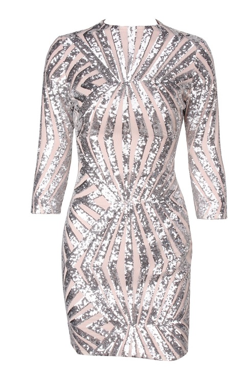 Silver Geometric Sequined and Mesh Bodycon Dress