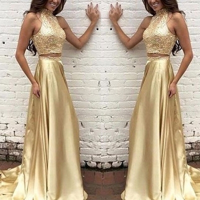 Gold 2 pieces scoop floor-length prom dress,woman dresses