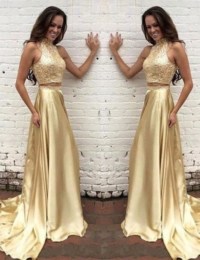 Gold 2 pieces scoop floor-length prom dress,woman dresses