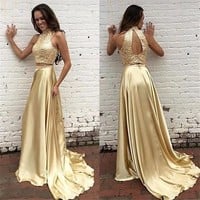 Gold 2 pieces scoop floor-length prom dress,woman dresses - Thumbnail 1
