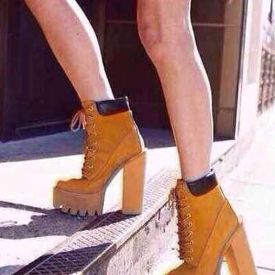 Cool round head block color chunky high-heeled boots