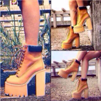 Cool Round Head Block Color Chunky High-Heeled Boots - Thumbnail 1