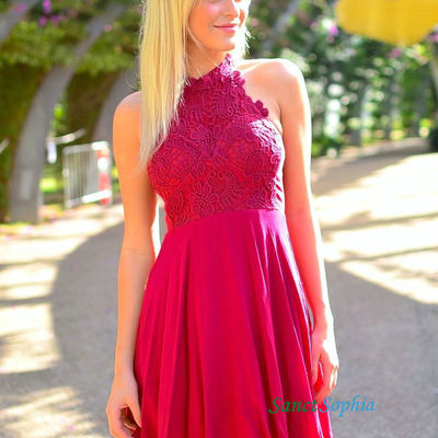 Halter neckline fuchsia homecoming dress,knee length fuchsia lace party dress