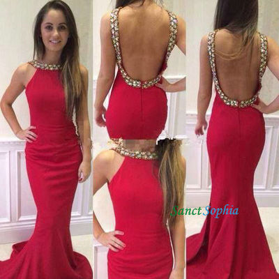 Open back watermelon prom dress,sexy backless graduation dresses,mermaid sexy party dress