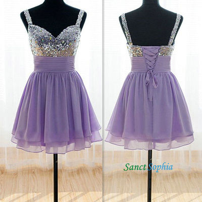 Knee length straps sequins lilac homecoming dresses,short sequins party dress