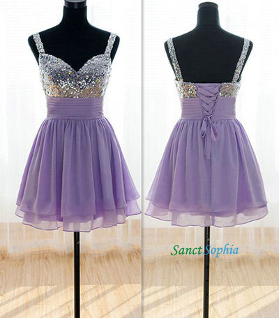 Knee Length Straps Sequins Lilac Homecoming Dresses,Short Sequins Party Dress