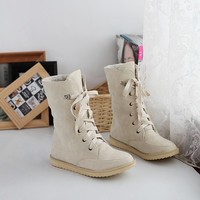 Flat Leisure Thick Lace Up Snow Short Boots - Thumbnail 1