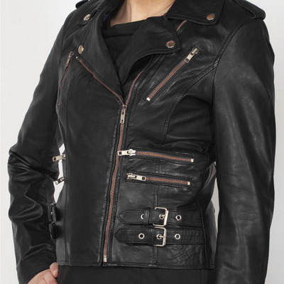 Women black zipped leather jacket, women black leather fashion jacket