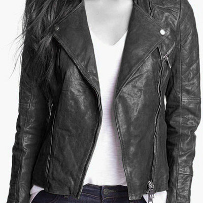 Women elegant black leather jacket, women biker fashion leather jacket