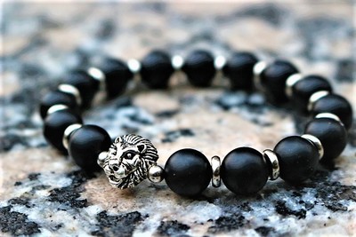 Silver Lion Head Onyx Bracelet