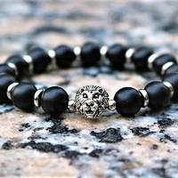 Silver Lion Head Onyx Bracelet - Thumbnail 1