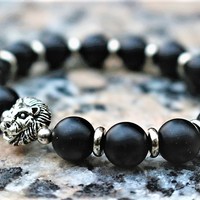 Silver Lion Head Onyx Bracelet - Thumbnail 4