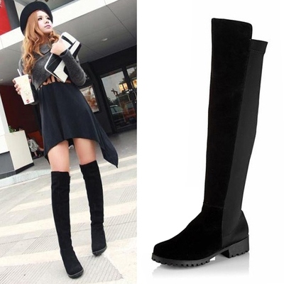 Black fashion women's shoes over the knee faux suede high flat boots - Thumbnail 4