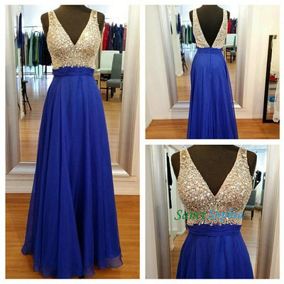 V-back blue prom dress,full length v-neckline blue graduation dresses,beaded party dress