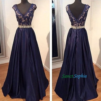 V-neckline navy blue lace prom dress,modest lace graduation dresses ,v-back lace navy blue party dress - Thumbnail 5