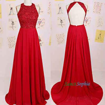 Keyhole back red prom dress, halter neck red sequins graduation dresses ,red party dress