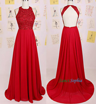 Keyhole Back Red Prom Dress, Halter Neck Red Sequins Graduation Dresses ,Red Party Dress