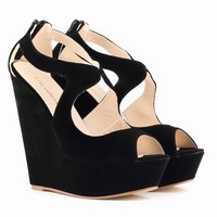 Suede Peep-Toe High Wedges Club Sandals - Thumbnail 1