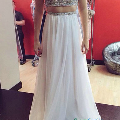 Two pieces beaded prom dress,sexy beaded white graduation dress