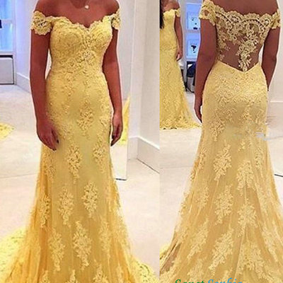 Mermaid off shoulder sleeves yellow lace prom dress,sexy illusion lace graduation dress
