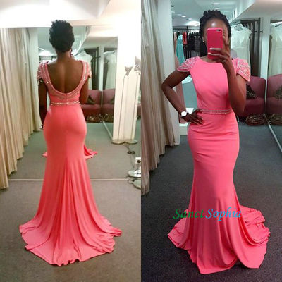 Mermaid cap sleeves prom dress,open back beaded sleeves graduation dress