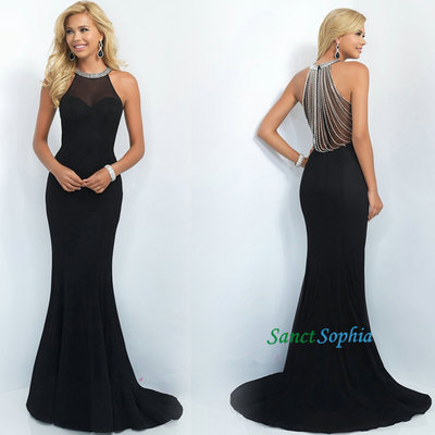 Mermaid black prom dress, illusion back beaded graduation dress,mermaid black evening dress - Thumbnail 5