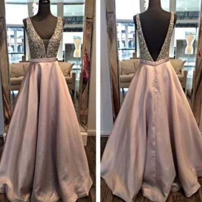  v-neck satin beading long prom gown,evening dresses