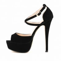 Sexy Suede Peep-Toe Cross Strap Sandals - Thumbnail 2