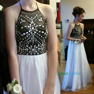 Open back white and black prom dress,beaded halter neck graduation dress