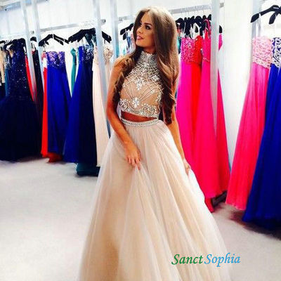 Two pieces beaded prom dress,handmade beaded tulle graduation dress