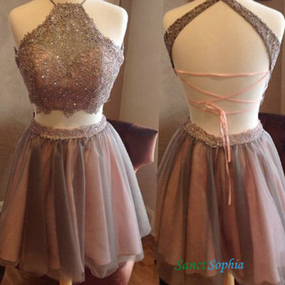 Mini two pieces open back lace homecoming dress,sexy short two pieces party dress