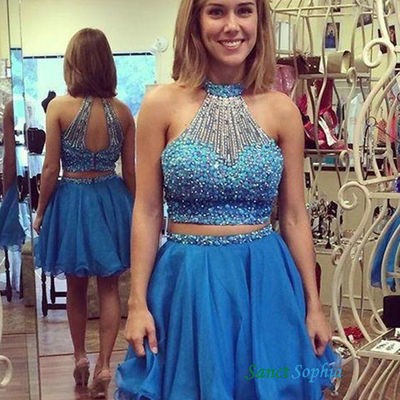 High quality short beaded two pieces blue homecoming dress,two pieces short party dress