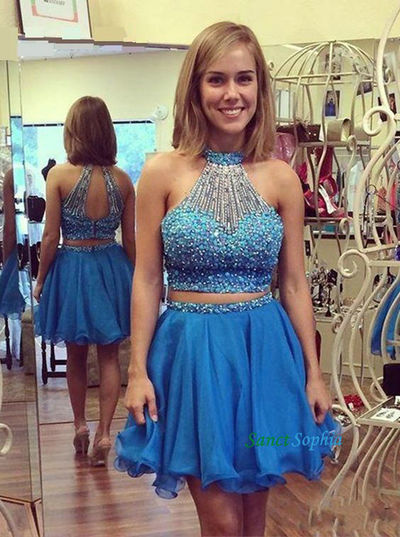 High Quality Short Beaded Two Pieces Blue Homecoming Dress,two pieces short party dress