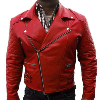 Red ribbed fashion leather jacket for mens, red leather jacket - Thumbnail 5