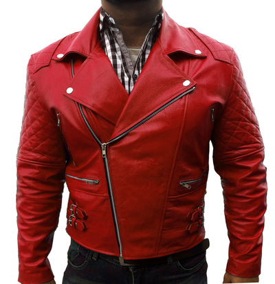 Red Ribbed Fashion Leather jacket for Mens, Red Leather jacket