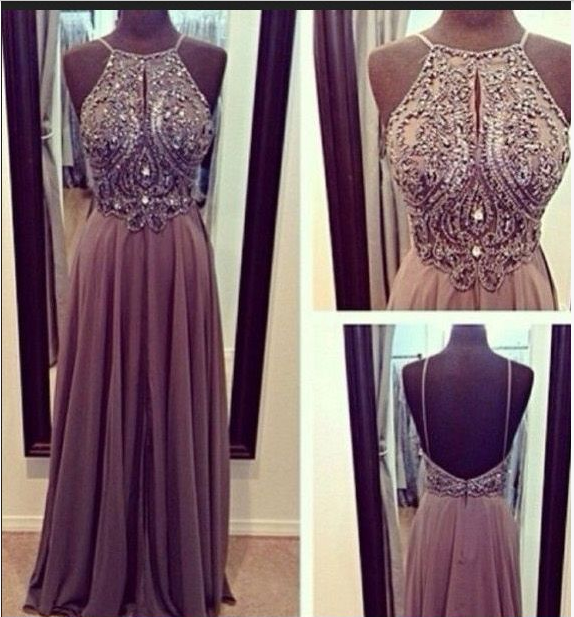 Hot Sales Chiffon Spaghetti Straps Open Back Long Prom Dresses, A-line Floor-Length Halter Backless Grey Evening Dress Gown