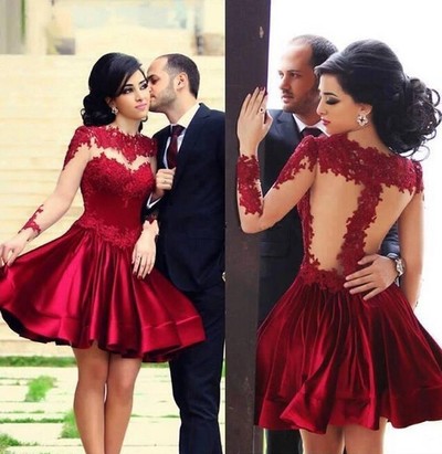 Burgundy lace long sleeve short prom dress,homecoming dress