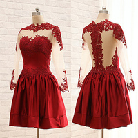Burgundy lace long sleeve short prom dress,homecoming dress - Thumbnail 1