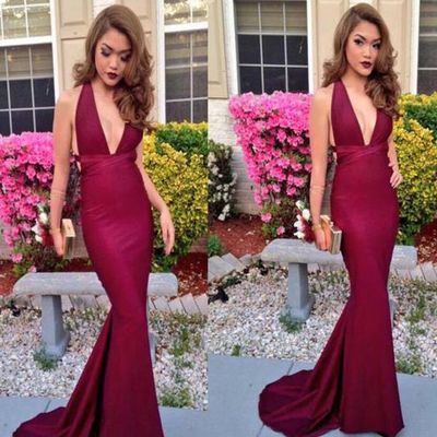 Custom made burgundy mermaid v neck backless prom dress, maroon  formal dress, evening dress