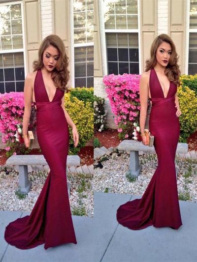 Custom made Burgundy mermaid v neck backless prom dress, maroon  formal dress, evening dress