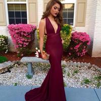Custom made Burgundy mermaid v neck backless prom dress, maroon  formal dress, evening dress - Thumbnail 1