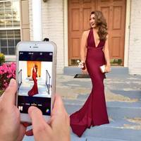Custom made Burgundy mermaid v neck backless prom dress, maroon  formal dress, evening dress - Thumbnail 2