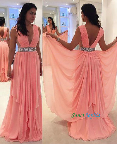 Fashion V-back Pink Prom Dress, V-neckline Chiffon Prom Dress