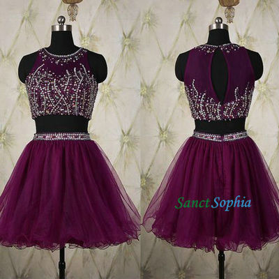 Two pieces beading homecoming dress,purple prom dress,purple tulle graduation dress